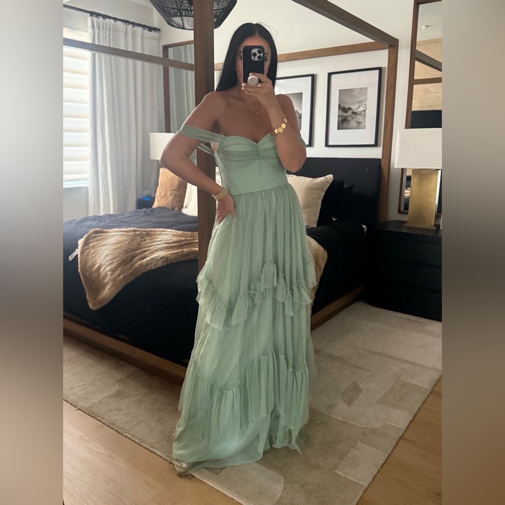 Lulu's Sage Green Off-Shoulder Ruffled Maxi Dress